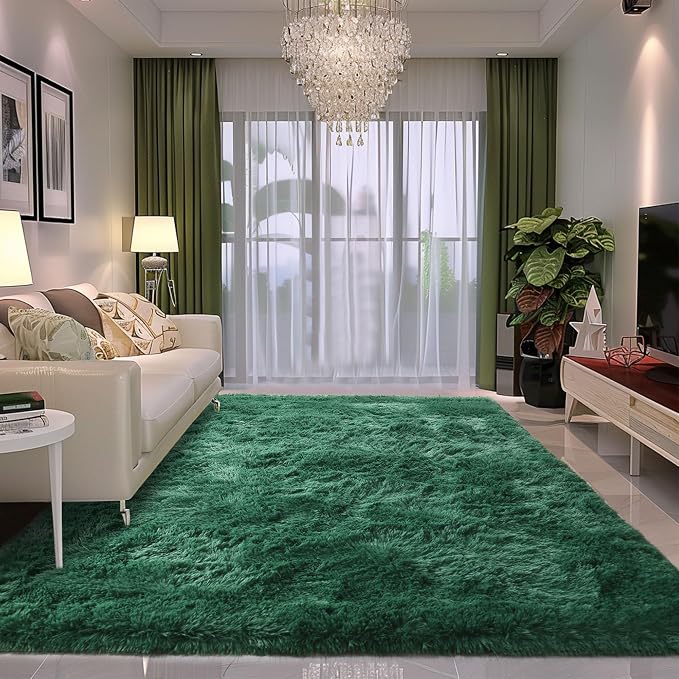 Awaytail Fluffy Rug Stain Resistant 4x6 Feet, Dark Green Area Rug for Bedroom, Super Soft Shaggy Rugs Room Carpet Floor Rug