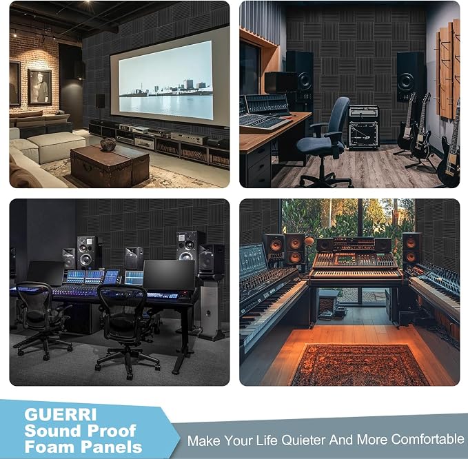 GUERRI Sound Proof Foam Panels for Walls 48 Pack Acoustic Foam Panels with Self Adhesive 12" X 12" X 1" Wedges Acoustic Foam Panels Sound Dampening Panels