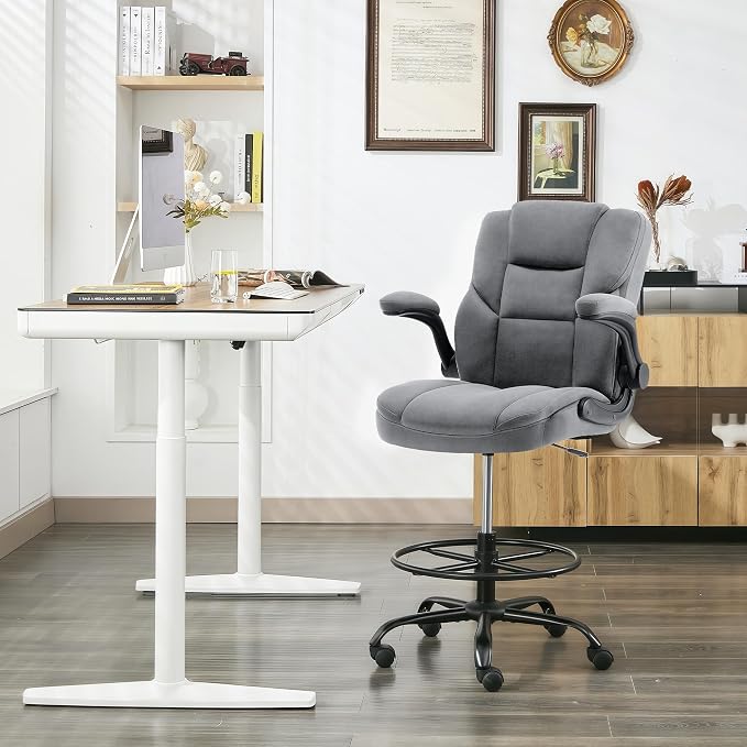 Drafting Chair 500Lbs, Tall Office Chair for Standing Desk, Fabric Executive Office Chair with Flip-up Armrests, Ergonomic High Chair with Adjustable Foot Ring, Comfy Stool Chairs, Grey