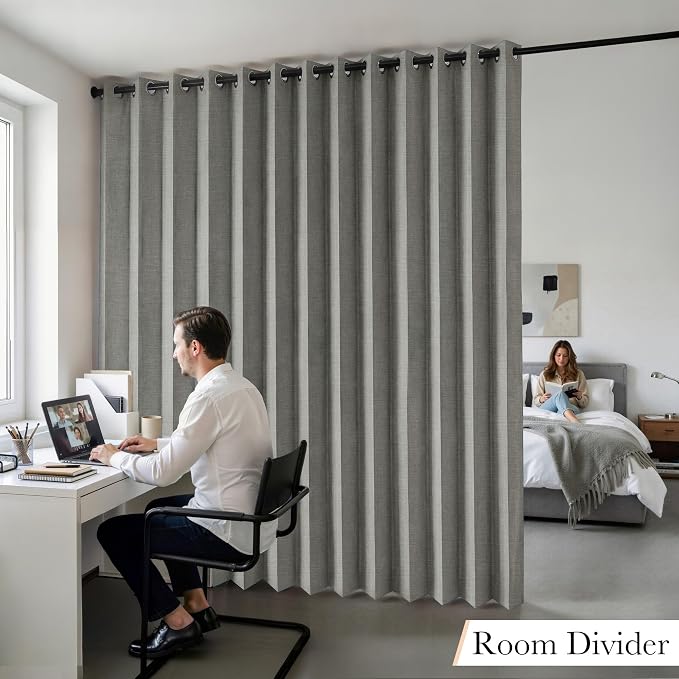 RYB HOME Accordion Style Room Divider Curtain-100% Blackout Folding Accordion Curtain for Sliding Glass Door/Bedroom, Privacy Assurd Living Room/Office Drape 1 Panel with Tieback, W100 x L108, Grey