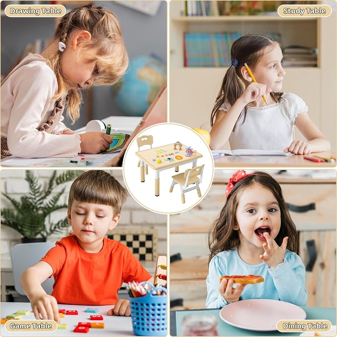 DOREROOM Adjustable Kids Table & 2 Chairs Set, 31.5" L x 23.6" W, Beige-W | Graffiti Desktop,Table Supports 300 lbs,Toddler Ages 2-8,FSC-certified, Children Activity Table for Daycare, Classroom, Home