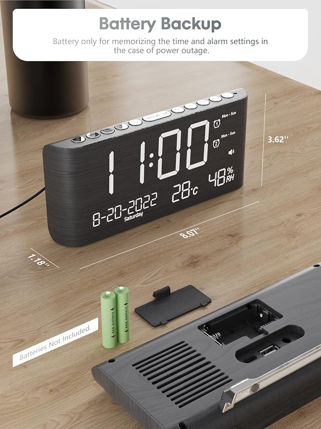 Raynic Alarm Clock, 8.7 Inch Digital Clock, Alarm Clock with USB and Type-C Charger,Dual Alarms,Temperature, Humidity,Date, 5 Adjustable Volume and 5 Dimmer for Bedroom Living Room Office (Grey) | USB-C and USB Charging Ports, Date, Indoor Temperature ...