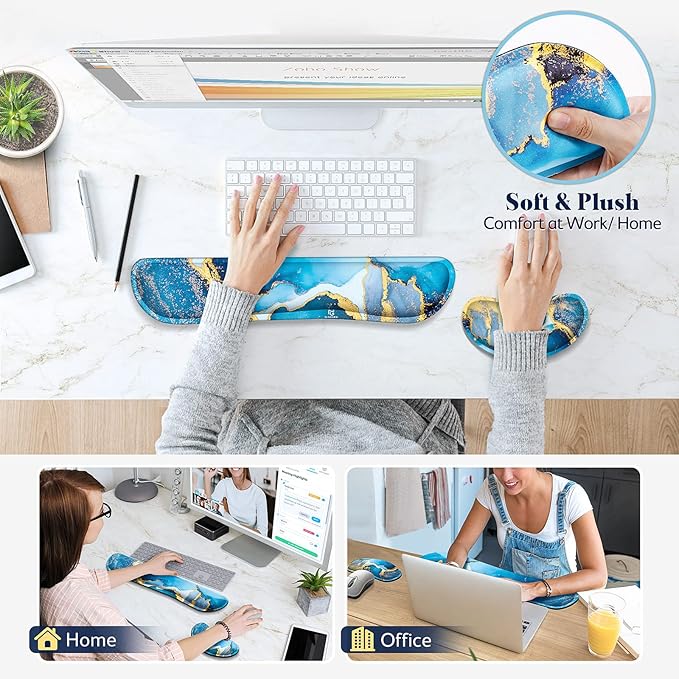 Gimars Upgrade Enlarge Gel Memory Foam Set Keyboard Wrist Rest Pad, Mouse Wrist Cushion Support for Office, Computer, Laptop, Mac, Comfortable, Lightweight for Easy Typing Pain Relief, Blue Gloden