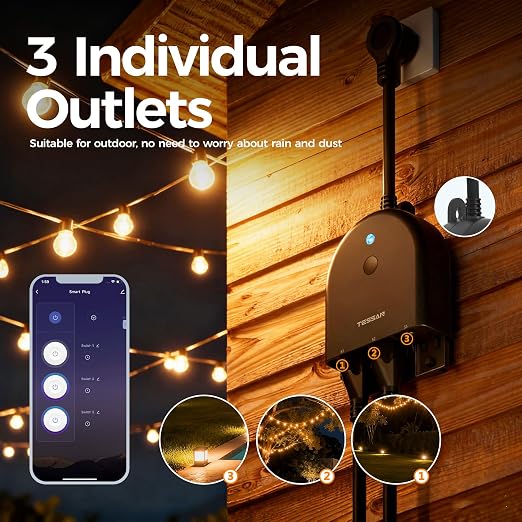 TESSAN Outdoor Smart Plug Waterproof, 2.4GHz WiFi Only, 15A/1875W Heavy Duty, 3 Individual Sockets Compatible with Alexa Google Home, Remote Control Timer