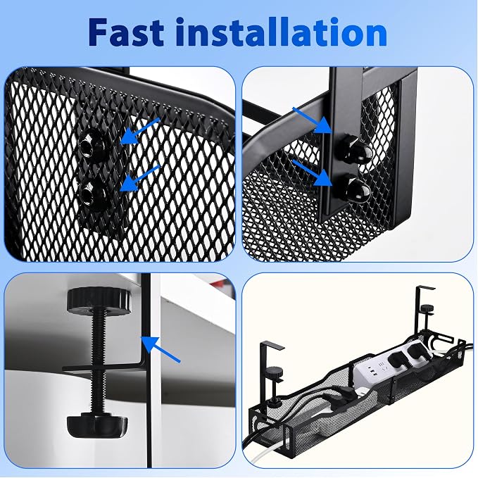 Under Desk Cable Management Tray 25.3 Inch, Clamp-On Cable Organizer Box for Standing Desks, No Drill Cord Management Under Desk, Large Desk Wire Organizer for Office & Home, Black
