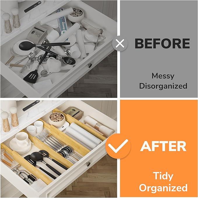 BAMEOS Bamboo Expandable Drawer Dividers – Fits 16.65"–22" Drawers, 3" Deep Walls, Set of 4 | Taller Spring-Loaded Separator Keeps Items Upright in Kitchen & Dresser Drawers