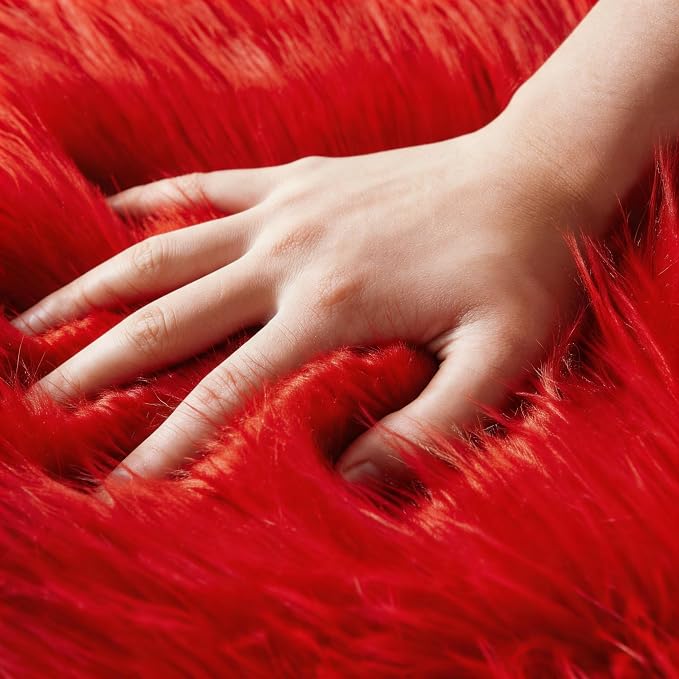 EasyJoy Ultra Soft Faux Fur Rug Fluffy Sheepskin Rug for Bedroom Living Room Sofa Bedside Floor(2 x 4 ft Sheepskin, Red)