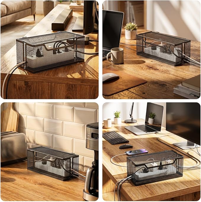 Marbrasse 3 Pack Cable Management Box, Metal Mesh Cord Organizer Box for TV Wires, Electrical Hiding, Power Strip – Under Desk Cable Storage Box with Cable Clips&Reusable Cable Ties for Home/Office