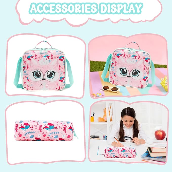 Meetbelify Kids Backpacks for Girls School Backpack with Lunch Bag Pencil Case for Elementary Student 3D Cute Carton Plush Kids Travel School Bag for Girls Ages 6-8 Years Old Pink
