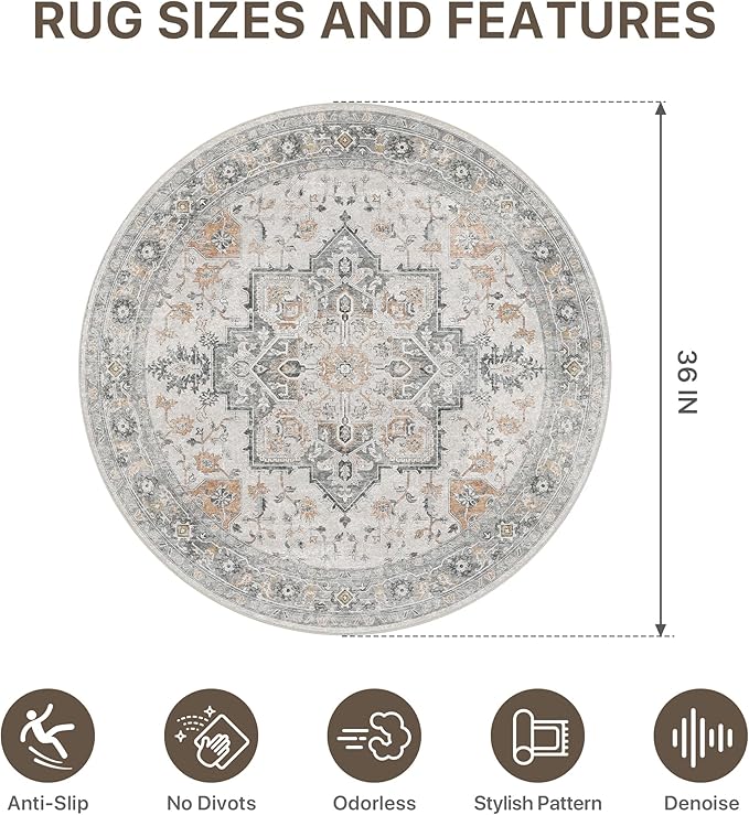Office Chair Mat for Hardwood Tile Floor, Under Desk Carpet Protector for Rolling Computer Chair Mat, Round Washable Rugs 3ft Circle Area Rug, Anti-Slip 1/5" Thick Low Pile Thin Floor Mat, Taupe