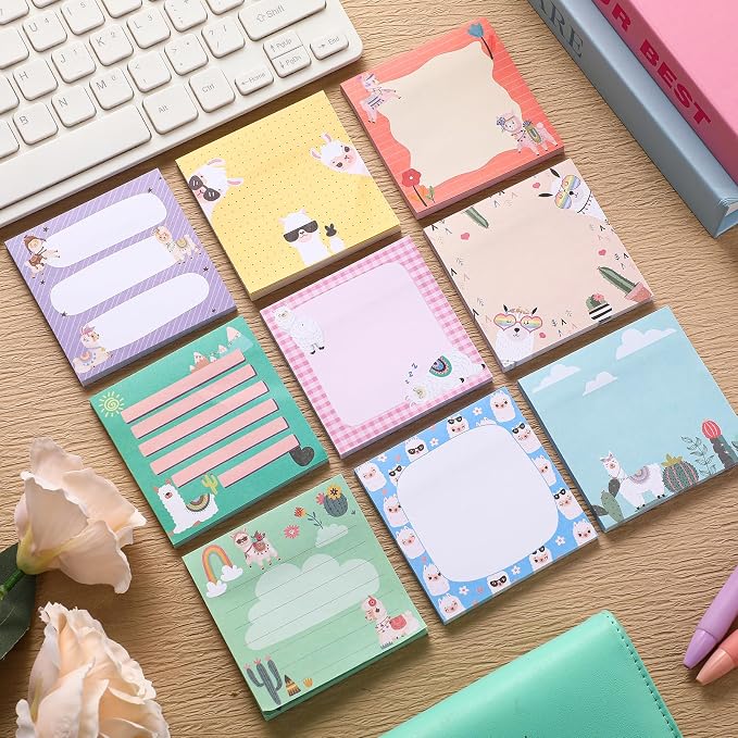 9 Pads Cute Sticky Notes Cartoon Self Stick Notepads 3x3 Inches Notes Adhesive Memo Pad Office Decor Gifts for Students School Teacher Office Meeting(Alpaca)