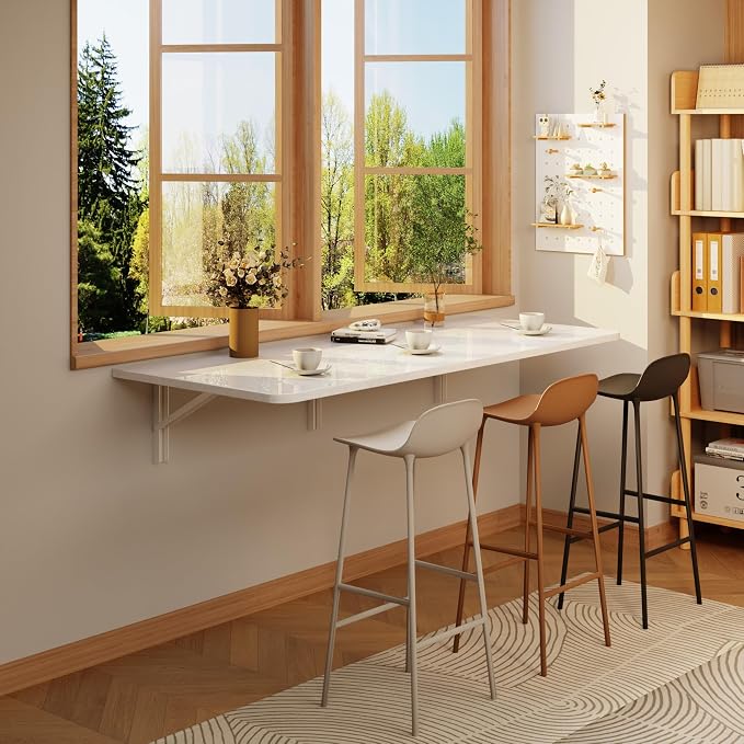 IAE 48" x 22" Floating Foldable Desk,Wall-Mounted Folding Computer Table with Engineered Wood,Study Table with Shelf Brackets,Fold Down Shelf,Fold Computer Desk for Small Spaces,Holds 500 lb,White