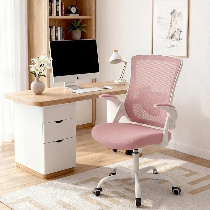 NEO CHAIR Office Chair High Back Desk Mesh Chair Comfy Computer Gaming Seat with Adjustable Ergonomic Lumbar Rolling Flip-up Armrests and Wheels (Pink)