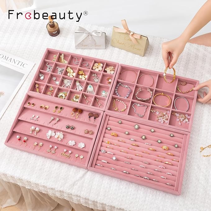 Jewelry Trays for Drawer,Set of 4 Jewelry Organizer and Storage | Velvet Material,Stackable,Adjustable Dividers,Drawer Inserts for Rings Studs Bracelet,Earring Organizer for Women Girls