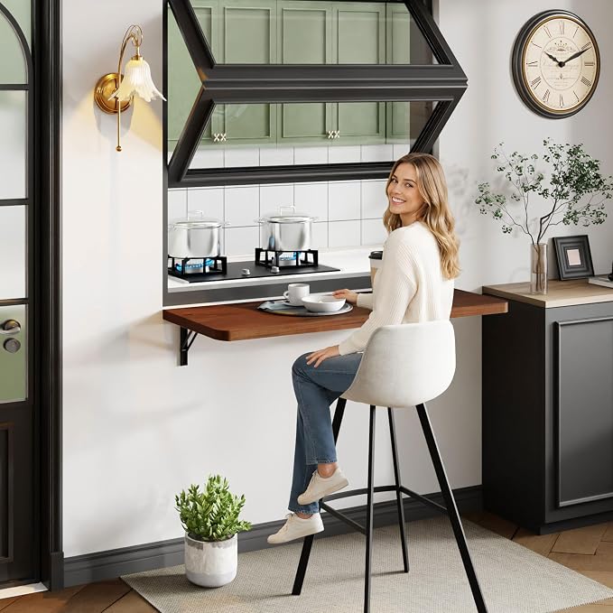 Dogsky Floating Wall Desk, 36" x 14" Wall Mounted Folding Table, Pine Wood Fold Down Wall Table, 200 lb Capacity Wall Mount Desk for Small Apartment, Laundry Room,Kitchen,Bar & Computer Use, Walnut