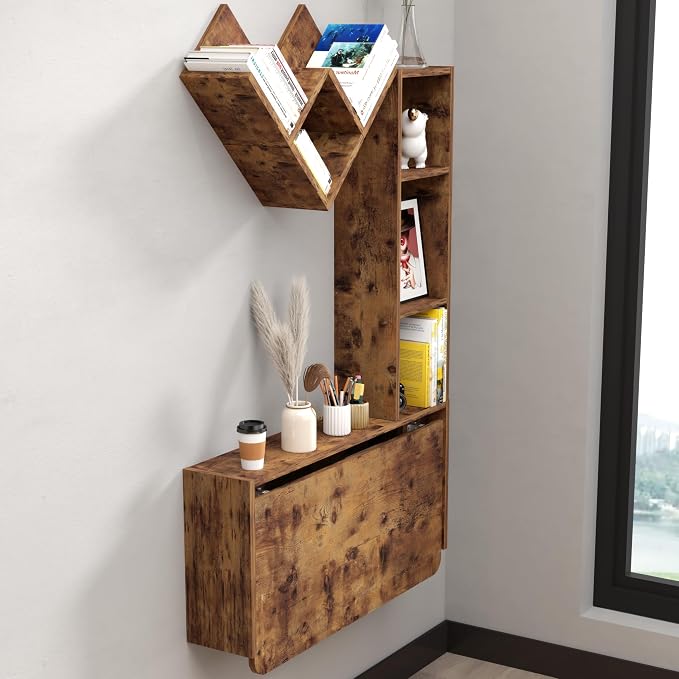 Folding Wall Mounted Drop Leaf Table, Foldable Desk with Moveable Cabinets, Floating Laptop with Convertible Storage Shelves, Multifunctional Computer Workstation in Home for Space Saving