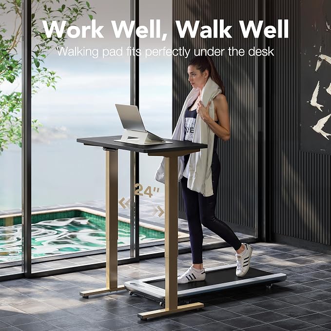 HUANUO 32" Small Electric Standing Desk Adjustable Height, 4 Memory Height Settings, Sit Stand Up Desk for Home Office & Computer Workstation, Black and Gold Frame