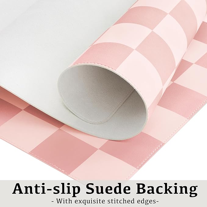 Checkered Desk Mat, 31.5" x 15.7" Large Cute Coral Pink Aesthetic Retro Accessories, PU Leather Computer Laptop Desk Mat, Mouse Keyboard Pad, Desk Writing Makeup Mat for Vanity/Work/Home Decor