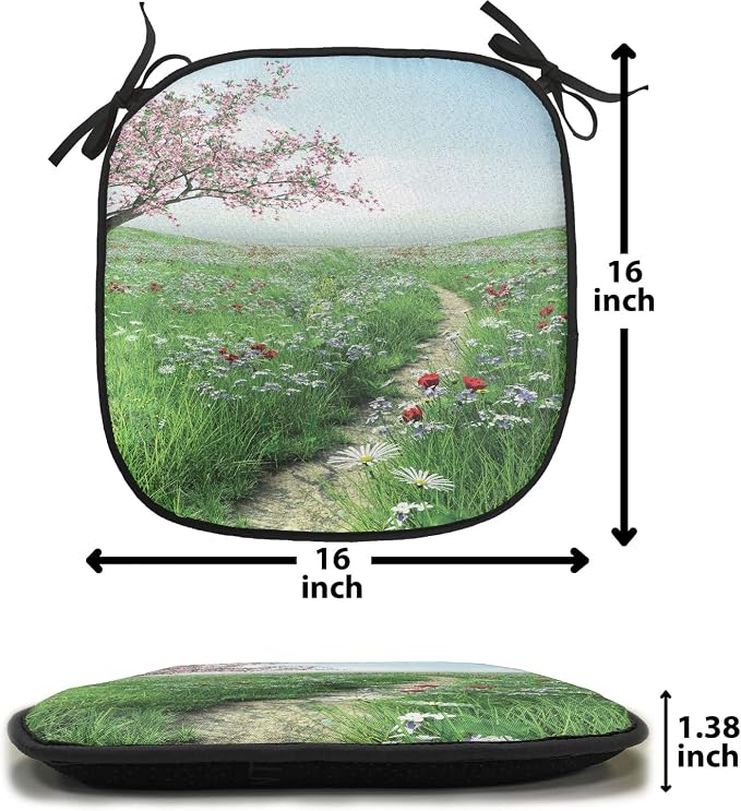 Lunarable Flower Chair Cushion Pads Set of 6, Pathway with Cherry Blossom Tree Wildflowers Grassland Country Village Nature Art, Anti-Slip Seat Padding for Kitchen & Patio, 16"x16", Green Blue