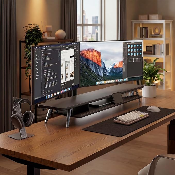 Fenge Dual Monitor Stand Riser, Wooden Desk Shelf with 2-Tier Storage | 47.3-Inch Extra Wide, Sturdy Aluminum Legs, Built-In Phone & Tablet Slot, Desktop Organizer for Office Accessories