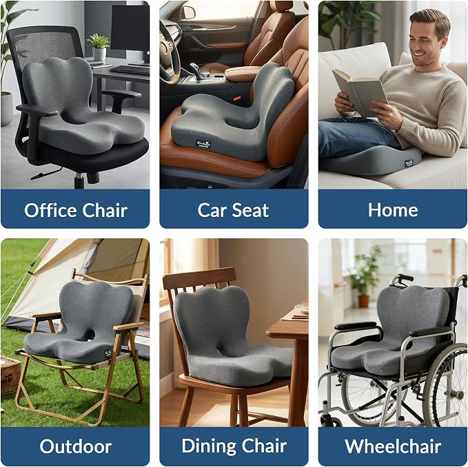 Exclusivo Mezcla Memory Foam Seat Cushion, Grey | Ergonomic Tailbone Pain Relief Cushions, Non-Slip Seat Pad, Suitable for Office Chair and Car Seat