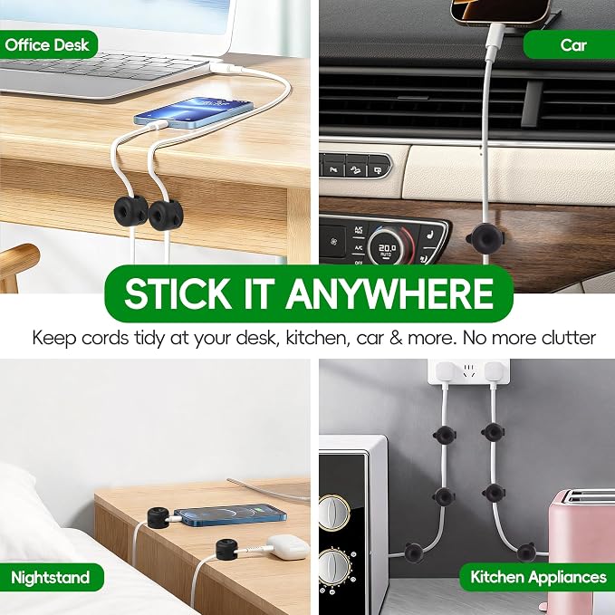 8-Pack Magnetic Cable Management Clips for Home Office Desk, Cord Organizer | reusable, strong adhesive, silicone wire staples keeper, stick-on wire holder clamps, work on wall, nightstand, car dashboard