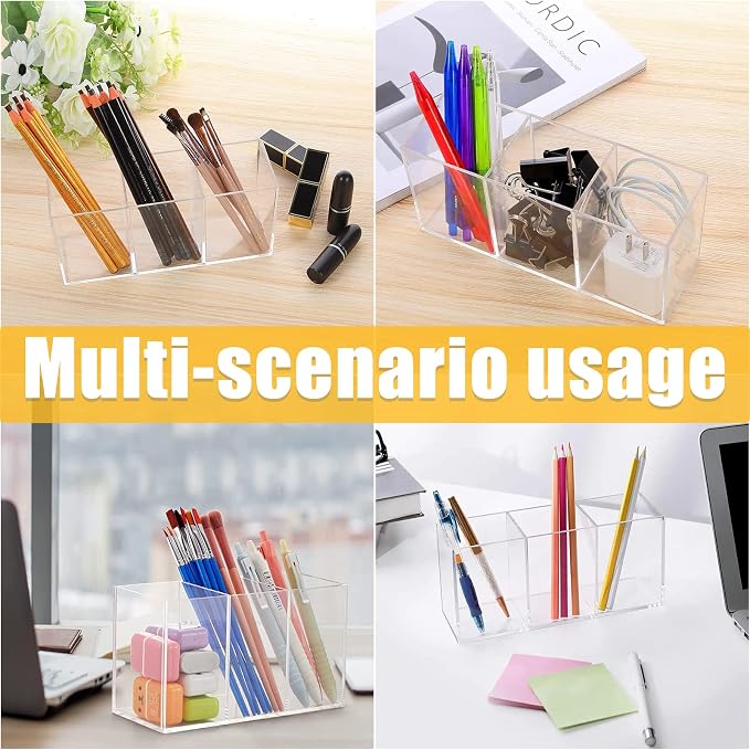 Cerpourt Clear Makeup Brush Organizer,Acrylic Cosmetic Brushes Storage Holder with 3 Slots,Pencil Pen Holder for Desk,Desk Organizer and Accessories for Vanity