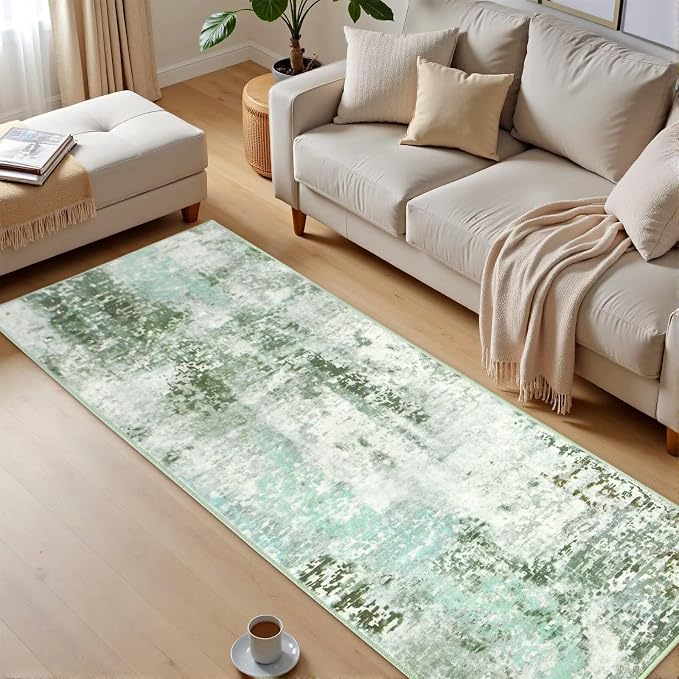 Macgace Washable Abstract Runner Rug, 2x6 Modern Area Rugs with Non-Slip Rubber Backed for Kitchen, Thin but Soft Contemporary Carpet Bedroom Entryway Hallway Decor, Green