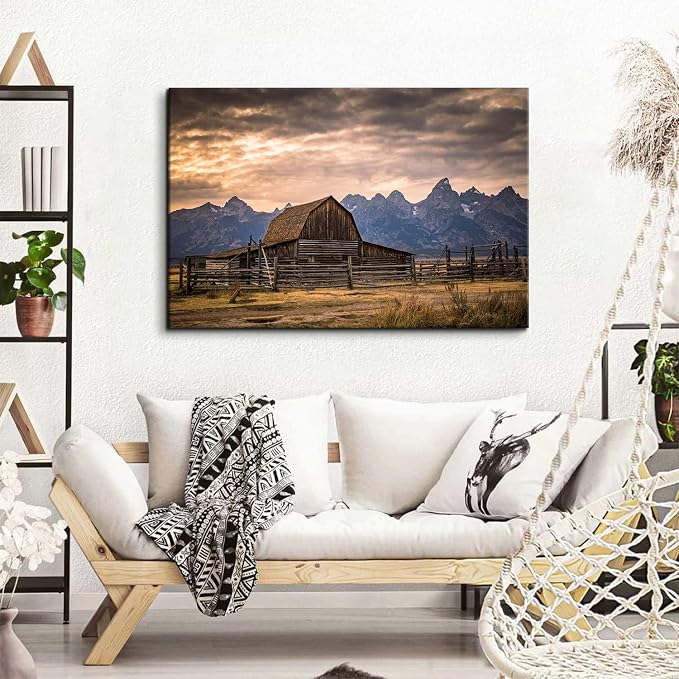 Grand Teton National Park Canvas Wall Art Sunset Moulton Barn Landscape Wall Decor, Wyoming Nature Mountains Scenery Picture Artwork Painting Decoration for Home Living Room Bedroom Kitchen 32x48"