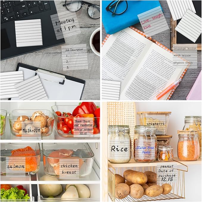 3x3 Inch Transparent Sticky Notes 300 Sheets, Clear Translucent Lined Self-Adhesive Memo Repositionable Reminder Pad for Office, College Students, Planners, Journals, School Supplies (White)