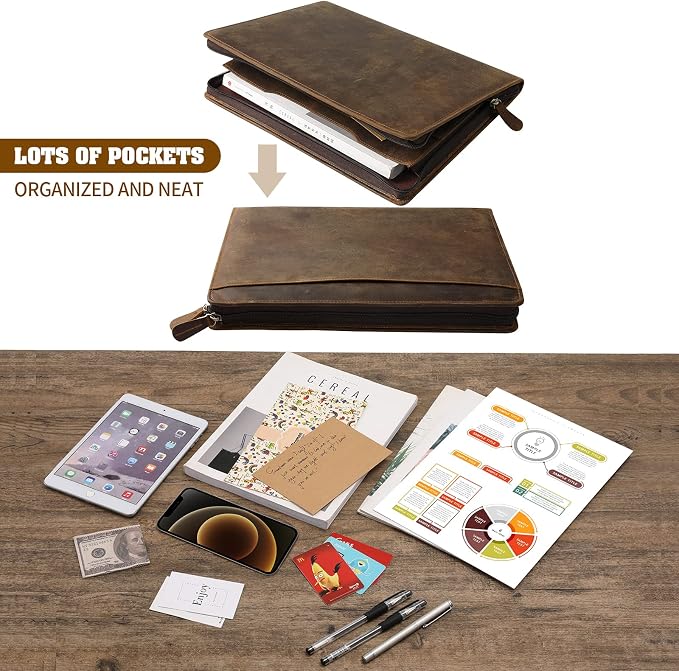 Ringsun Genuine Leather Portfolio with Zipper, Business Organizer for A4/Pad/Phone, Brown, RS63