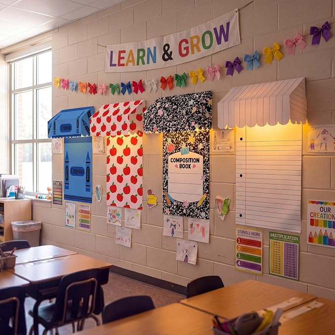 Colarr 12 Pcs Back to School Classroom Awning Decor Kit American Retro Bulletin Board Awning with Warm LED Light Poster Paper Bulletin Board Decor for Teacher Classroom School Wall Chalkboard