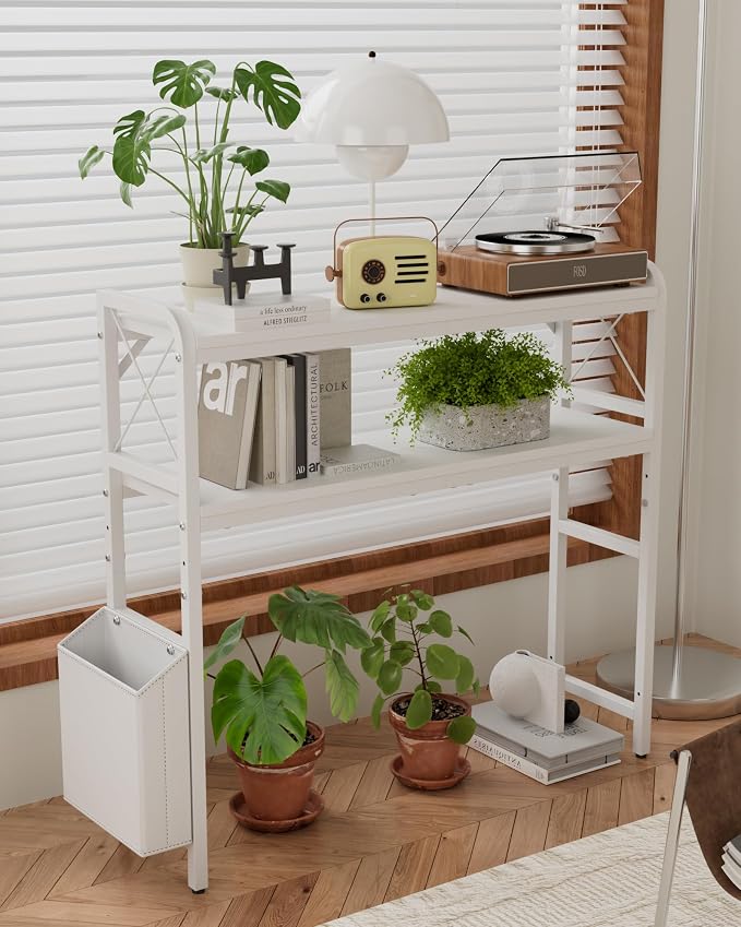 Desk Hutch Dorm with Adjustable Shelves and Side Pockets | 2-Tier Desktop Bookshelf Organizer, Monitor Stand, Large-Capacity Display Shelf Rack for Home Office or Study, White