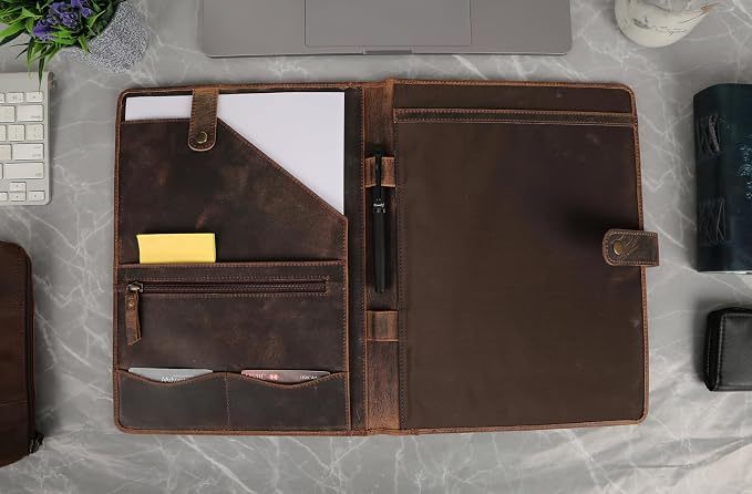 KomalC Leather Portfolio Folder with Luxury Pen and Button Closure | Business Padfolio for Professionals | Vintage Organizer with Legal Pad Holder & Card Slots (Distressed Tan)