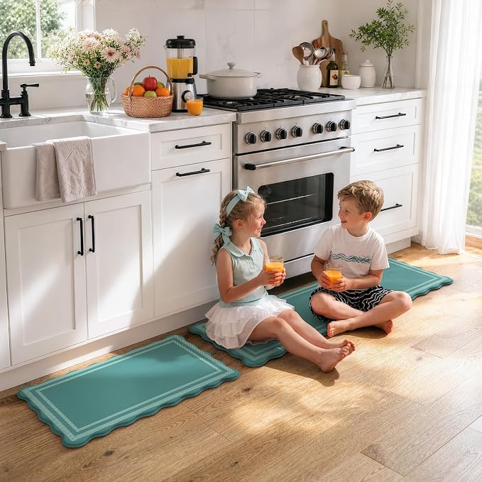 KIMODE Anti Fatigue Kitchen Mats,Turquoise Scalloped Rugs for Kitchen Floor | Padded Kitchen Floor Mats,,Boho Kitchen Rugs Sets of 2, Cushioned Standing Mat for Laundry Office Sink Desk 17"x47"+17"x29"