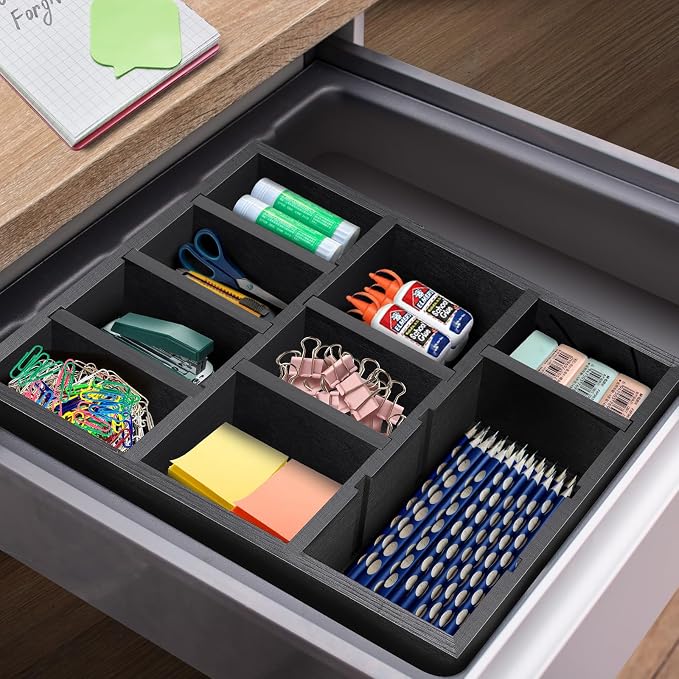Wooden Desk Drawer Organizer | 9-Slot Desktop Tray | Adjustable Drawer Storage Box for Pens, Keys, Watch, Sticky Notes | Farmhouse Home&Office Decor