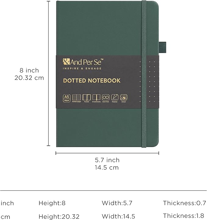 &And Per Se 3 Pack A5 Dotted Notebook Set - Each with 176 Numbered Pages, 100GSM Thick Paper, Stencil & Pen Included | Hardcover Dotted Journal for Bulk Use, Students, Teachers, Gift Giving (Green)