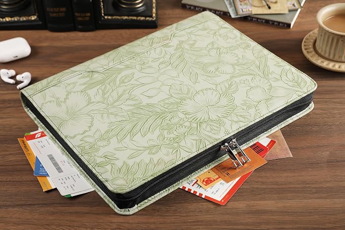 DUKE&COW Vegan Leather Portfolio Binder, Personalized 3 Ring Binder Padfolio for Women, Leather Binder, Handmade Portfolio Oranizer, Engraved Resume Portfolio Folder (Green Pattern, Custom)