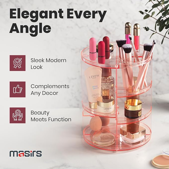 Masirs 360 Rotating Makeup Organizer Countertop, Adjustable Shelf, Pink | 360-Degree Rotating Makeup Organizer, Adjustable Shelf Height, Cosmetic Perfume Skincare Storage, Vanity Countertop, Pink