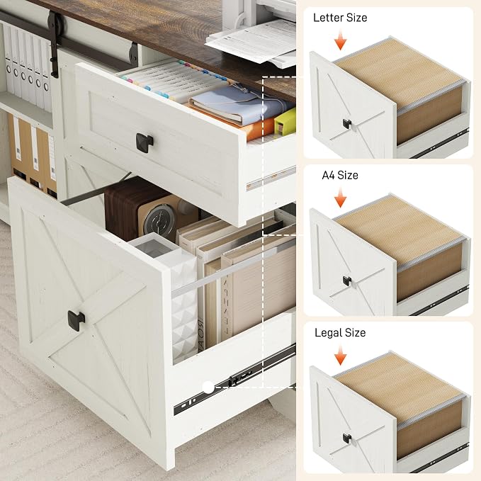 St.Mandyu L Shaped Electric Standing Desk 63" White with Power & Storage | File drawer, sliding door cabinet, cup holder, height adjustable, sturdy wood frame, home office for work/study/writing