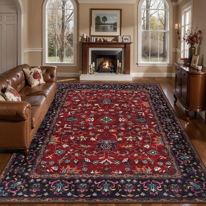 Tangsoo Red 4x6 Washable Area Rug, Vintage Indoor Rugs for Living Room, Non Slip Machine Washable Large Rugs, Soft Print Red Oriental Carpet for Bedroom Dining Room Dorm Office