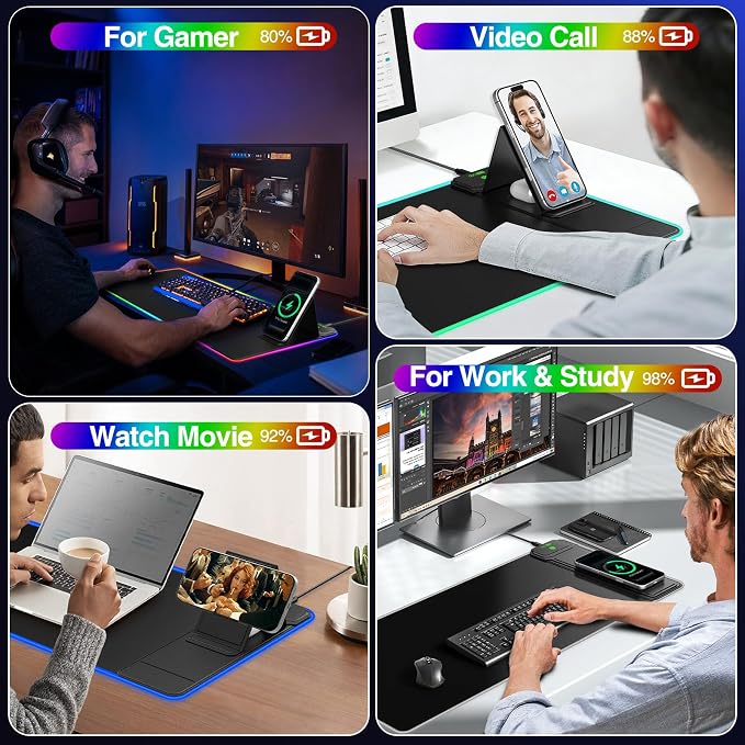 XL RGB Gaming Mousepad, 25 Lighting Effects, 15W Fast Charging, Phone Stand | 31.5"x11.8" Extended Keyboard Mat Pad with Stitched Edges, Ultra-Smooth Waterproof Surface, Non-Slip Base