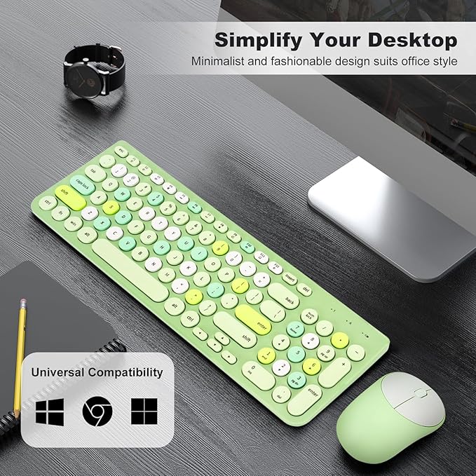 Wireless Keyboard and Mouse Combo, Retro Typewriter Keyboard with Round Keycaps, 2.4GHz USB Cute Wireless Keyboard Mouse for Computer, Desktop, Laptop (Green Colorful)