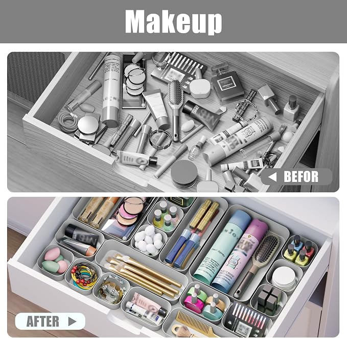 18 pcs Desk Drawer Organizer Tray, Multiple Sizes Plastic Drawer Organizer Storage, Stackable Organizer Containers For Makeup, Bedroom, Kitchen Gadgets Utensils and Office