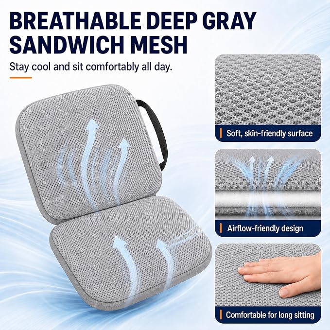 Sojoy 3 in 1 Foldable Gel Seat Cushion Featured with Memory Foam Breathable Seat Cushion for Pressure Relief (Size: 18.5“ x 15" x 2",Gray Mesh)