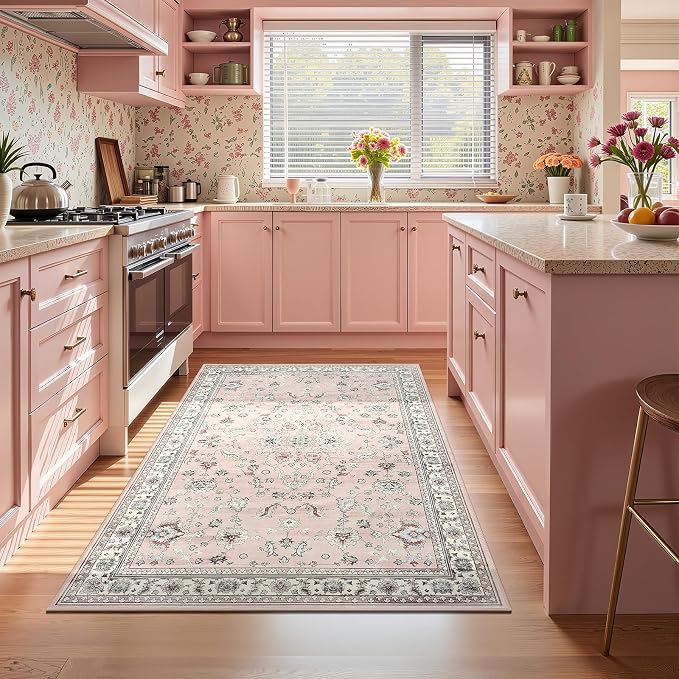 Light Pink Washable Boho Area Rug for Girls Bedroom, 3x5 Vintage Floral Non Slip Living Room Rugs, Wool Low Pile Indoor Mat, Aesthetic Pattern Carpet for Kids Room, Kitchen and Bedside