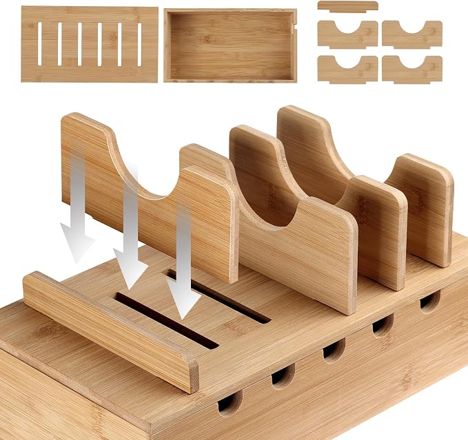 MINCORD Bamboo Charging Station for Multiple Devices | Cell Phone Docking Charging Station Organizer, Nightstand Bedside Desk Device Charger Organizer for Laptop, Tablets and iPads