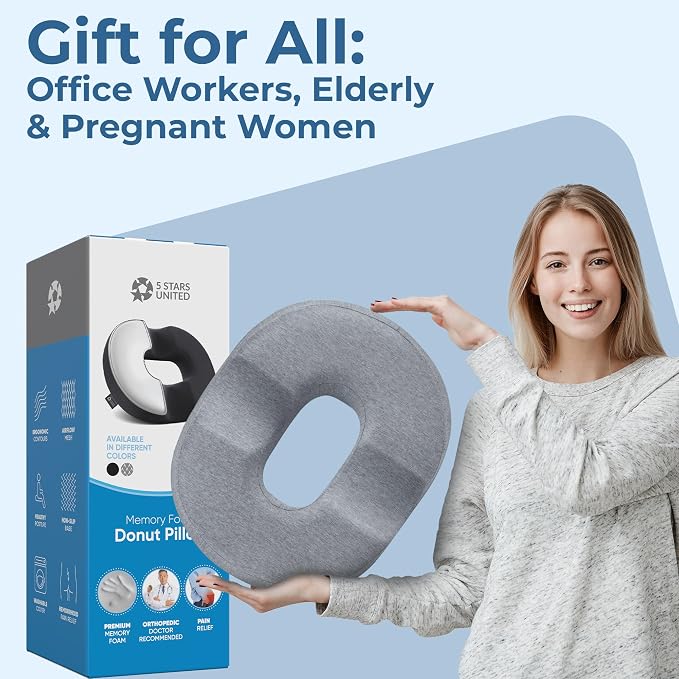 5 STARS UNITED Donut Pillow for Tailbone Pain & Hemorrhoids โ Large Memory Foam Seat Cushion for Bed Sore-Prone Areas & Pressure Relief โ Prostate, Postpartum & Pregnancy Support, Gray Cotton Cover