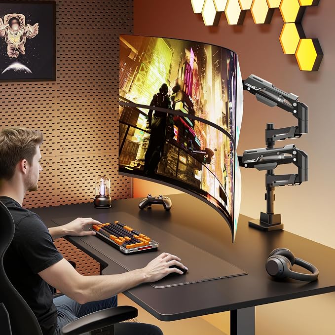 ARES WING Heavy Duty Dual Monitor Mount for 24-57 Inch, Black | Adjustable Stacked Gas Spring Desk Mount for 2 Ultrawide Screens, VESA 75/100/200mm Mount
