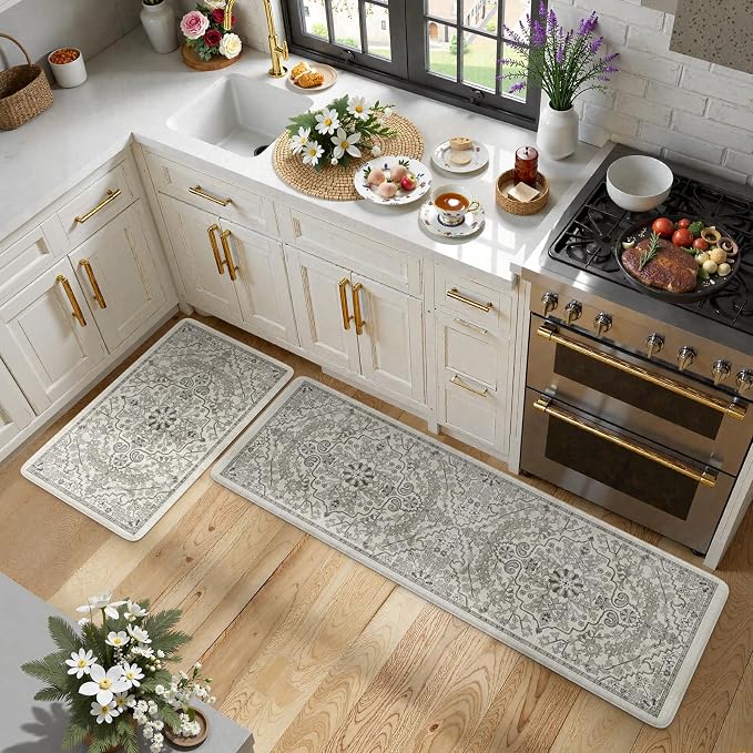 KIMODE Anti Fatigue Kitchen Mats for Floor, Boho Distressed Kitchen Rugs | 2 Piece Memory Foam Cushioned Kitchen Floor Mats, Summer Standing Desk Mats for Laundry Office Sink Grey 20"x59"+20"x32"